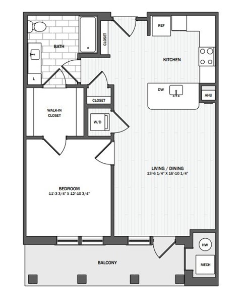 Floor plan for 1 bed, 1 bath, 799 sqft